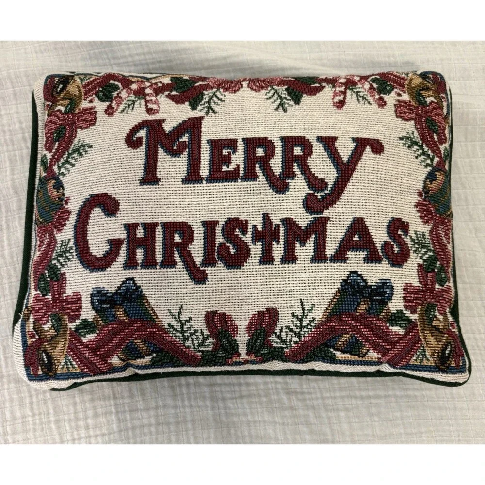 Vintage Merry Christmas Tapestry Red Rectangle Accent Pillow Small
